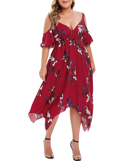 flowersverse Women's Plus Size Casual Dress Swing Dress Floral Dress Floral Midi Dress Short Sleeve Asymmetric Print V Neck Fashion Holiday Wine Navy Blue Spring Summer XL XXL 3XL 4XL 5XL