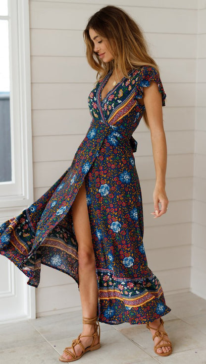 flowersverse Bohemian Floral Wrap Maxi Dress