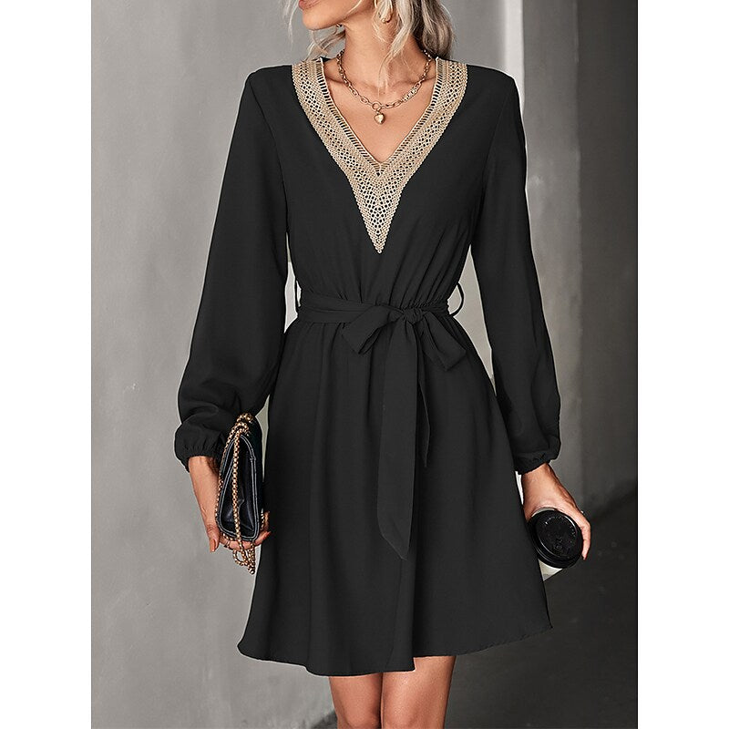 flowersverse Women's Work Dress Black Dress Semi Formal Dress Fashion Mini Dress Lace V Neck Long Sleeve Color Block Loose Fit Black Dark Green Fall Spring S M L XL