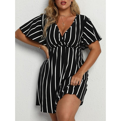 flowersverse Women's Plus Size Casual Dress A Line Dress Stripe Mini Dress Short Sleeve Print V Neck Fashion Outdoor ArmyGreen Black Spring Summer L XL XXL 3XL 4XL