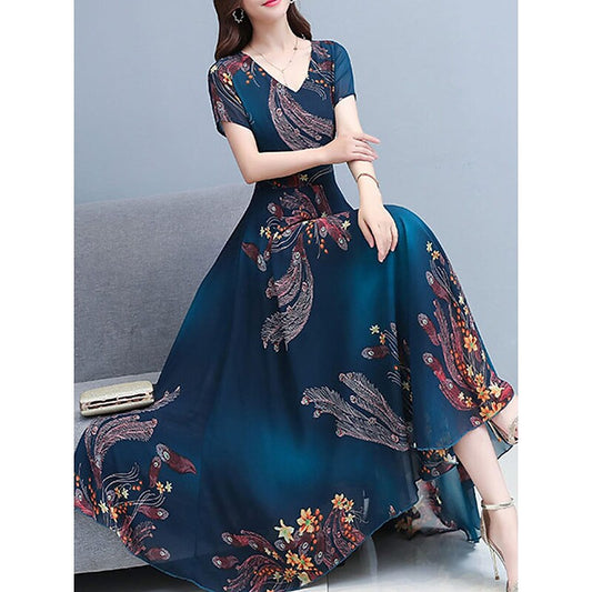 flowersverse Women's Casual Dress Swing Dress Print Dress Floral Print V Neck Midi Dress Active Fashion Outdoor Daily Short Sleeve Regular Fit Red Blue Spring Summer M L XL XXL 3XL