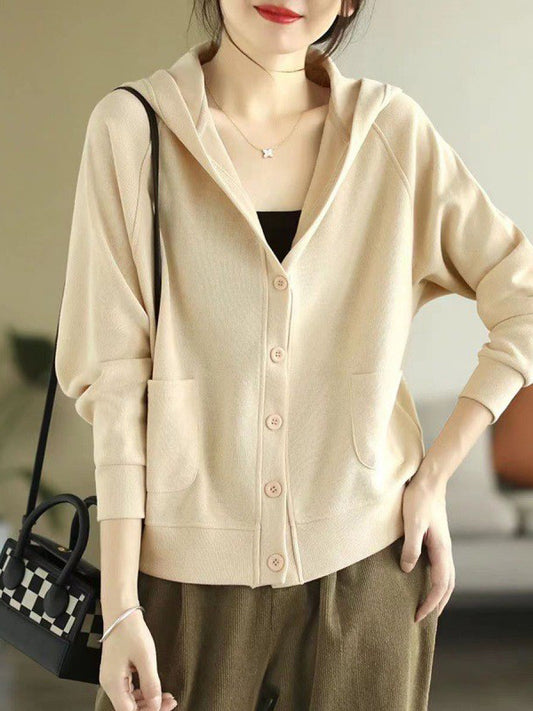 flowersverse Casual Long Sleeves Loose Buttoned Solid Color Hooded Knitting Outerwear