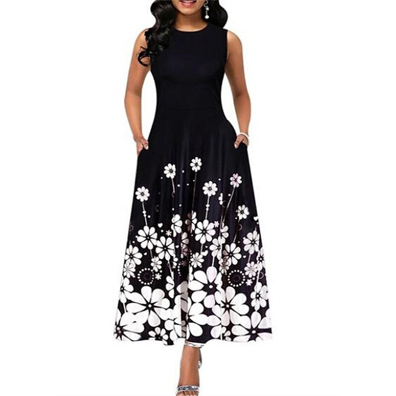 flowersverse Women's Work Dress Black Dress Semi Formal Dress Fashion Maxi Dress Pocket Print Crew Neck Sleeveless Floral Color Block Regular Fit Black White Yellow Spring Summer S M L XL XXL