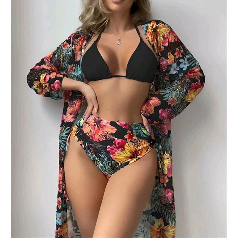 flowersverse Women's Swimwear Bikini Three Piece Normal Swimsuit High Waist Open Back Printing Flower Black Yellow White Halter V Wire Bathing Suits Sexy Vacation Fashion