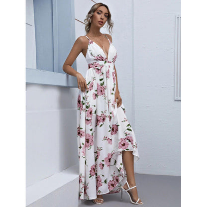 flowersverse Sexy Temperament Dress With White Chiffon Print Suspenders