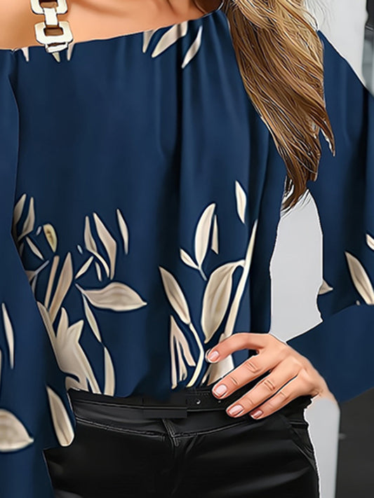flowersverse Buckle Hollow Leaves Print Long Sleeves Loose One-shoulder Blouses&shirts Tops