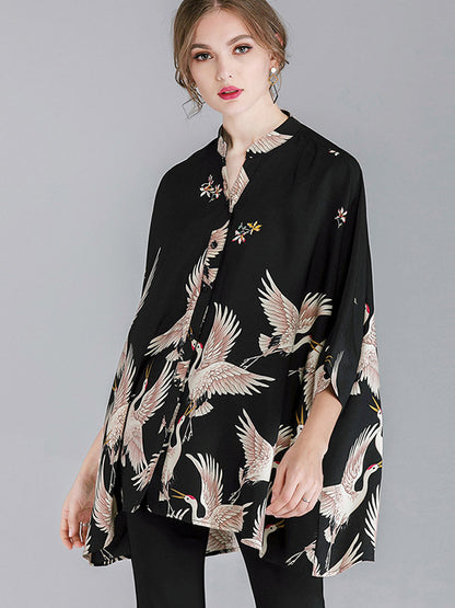 flowersverse Original Crane Printed Buttoned Stand Collar Half Sleeves Blouse