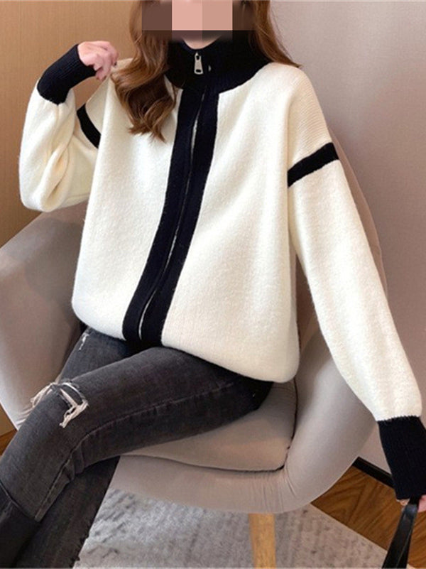 flowersverse Casual Long Sleeves Contrast Color Zipper Stand Collar Cardigan Tops