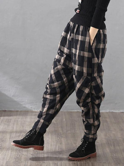 flowersverse Vintage Plaid Thickening Pleated Harem Pants