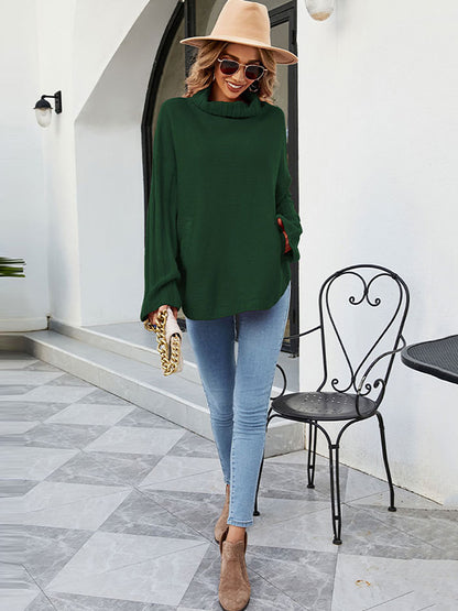 flowersverse Loose Long Sleeves Solid Color High-Neck With Pockets Sweater Tops