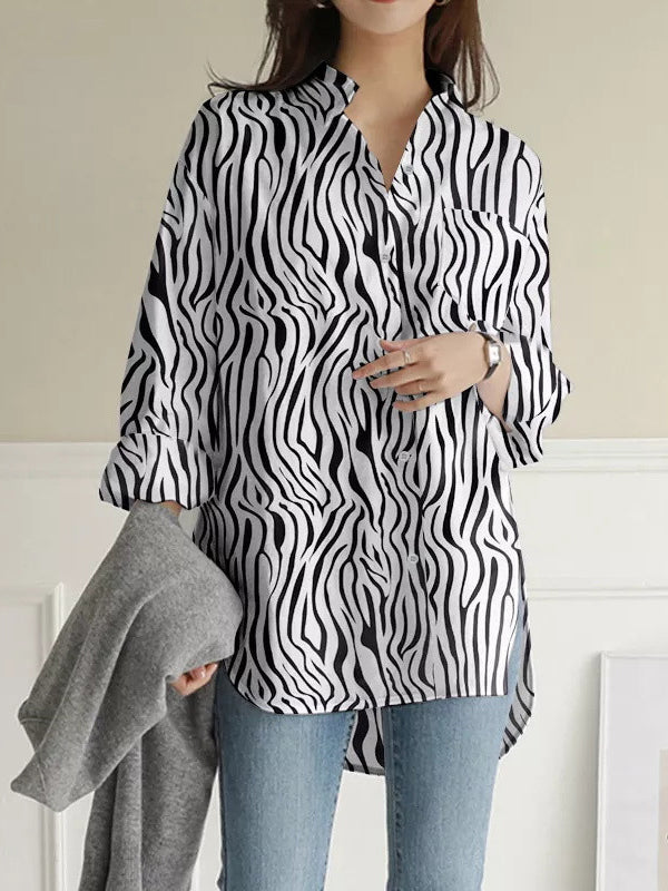 flowersverse Buttoned Pockets Split-Side Zebra-Stripe High-Low Long Sleeves Lapel Blouses&Shirts Tops