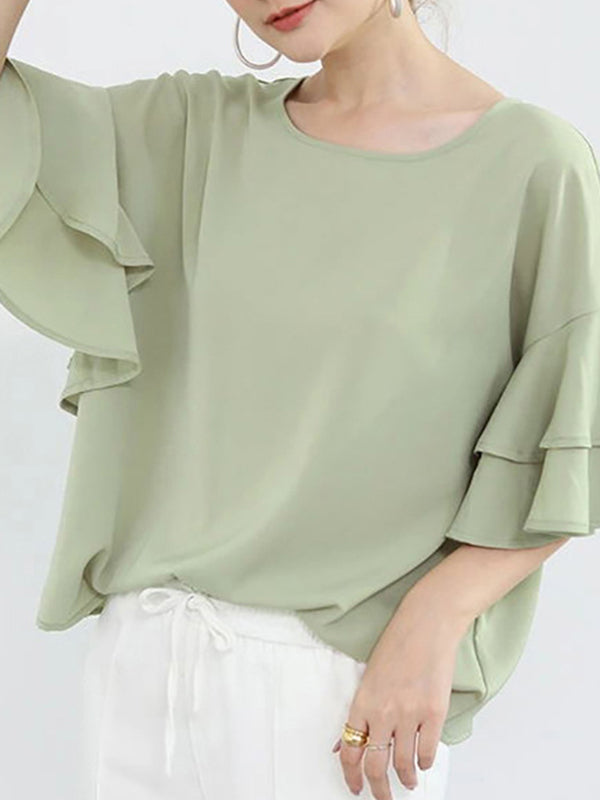 flowersverse Solid Color Flying Sleeves Loose Round-neck Blouses&shirts Tops