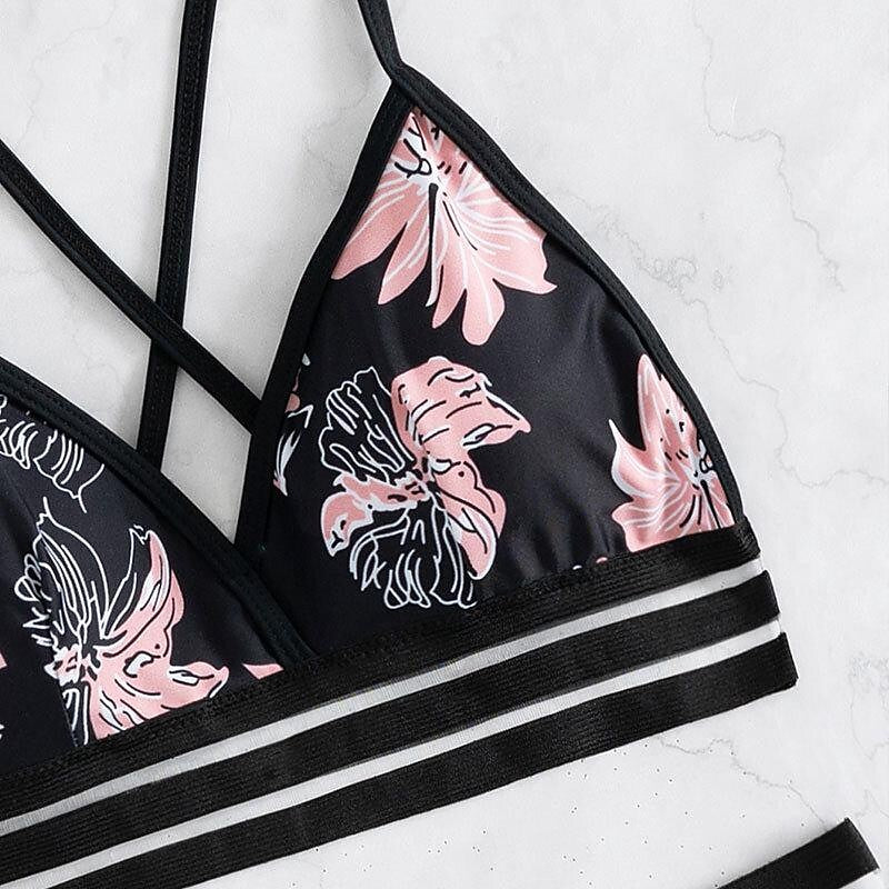 flowersverse Women's Swimwear Bikini Normal Swimsuit 2 Piece Printing Floral Black Bathing Suits Sports Summer