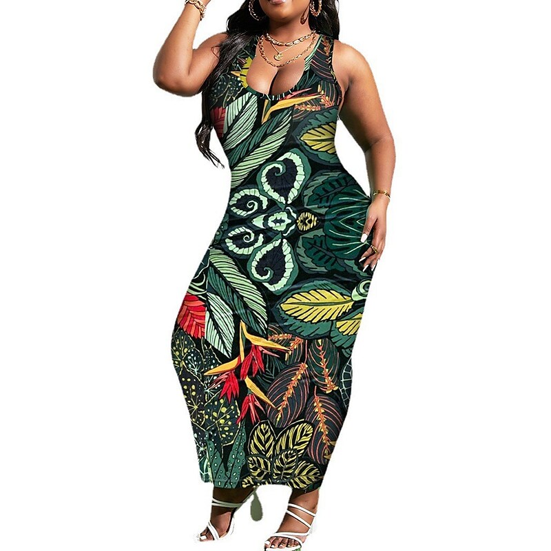 flowersverse Women's Plus Size Casual Dress Bodycon Sheath Dress Leaf Long Dress Maxi Dress Sleeveless Print U Neck Sexy Outdoor Green Spring Summer XL XXL 3XL 4XL 5XL