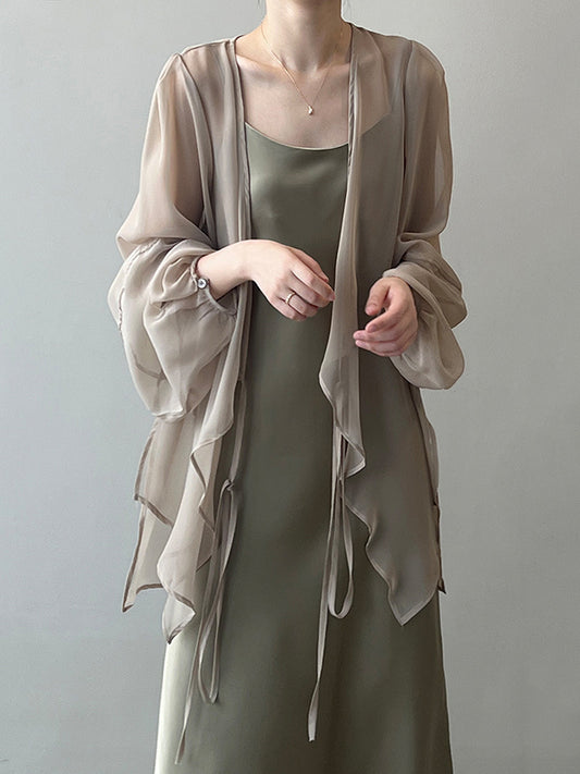 flowersverse Bishop Sleeve Long Sleeves See-Through Split-Joint Tied Collarless Blouses&Shirts Tops