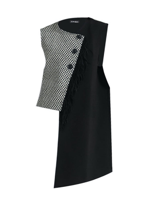 flowersverse Asymmetric Buttoned Houndstooth Ruffle Sleeves Sleeveless Vest Outerwear