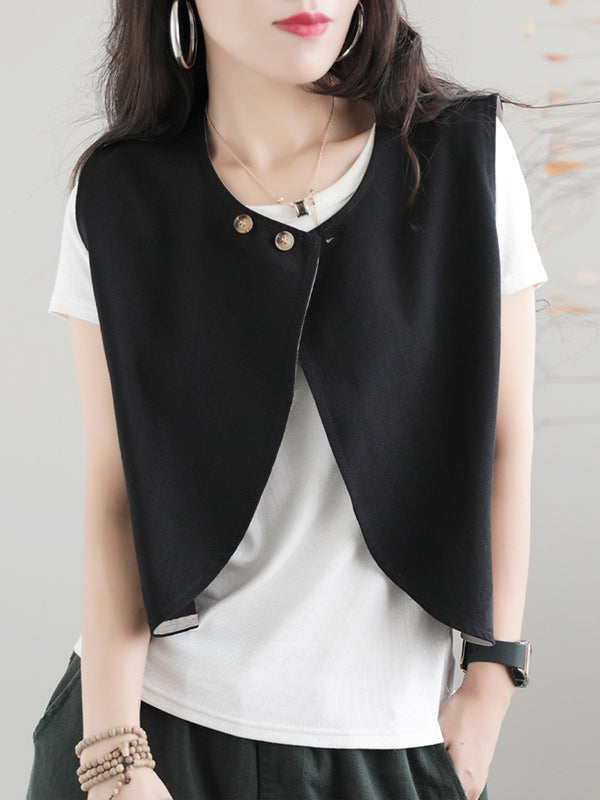 flowersverse Artistic Retro Loose Sleeveless Solid Color Round-Neck Vest Outerwear