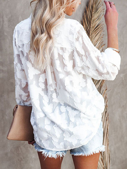 flowersverse Jacquard See-Through Solid Color Long Sleeves Lapel Blouses&Shirts Tops