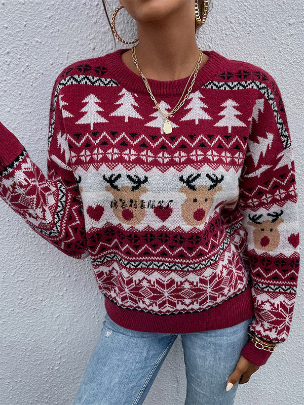 flowersverse Christmas Tree Elk Printed Loose Long Sleeves Round-Neck Sweater Tops