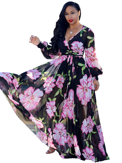 flowersverse Chiffon Floral Printed V Neck Wrap Boho Maxi Dresses