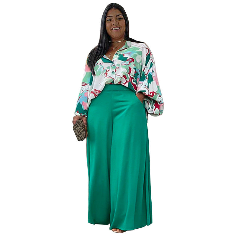 flowersverse Autumn Women Loose Plus Plant Flowers Size Casual Printed Shirt Top Wide Leg Pants