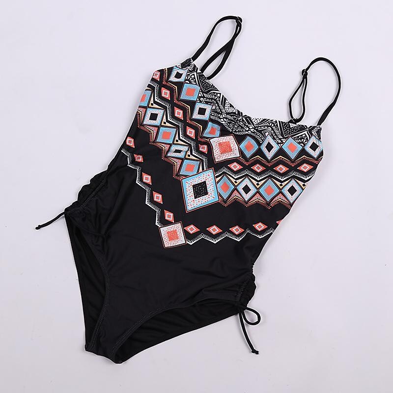 flowersverse Women's Swimwear One Piece Normal Swimsuit Printing Geometic Black Bodysuit Bathing Suits Sports Summer