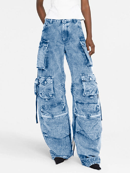 flowersverse Pleated Pockets Split-Joint Streamer Loose Jean Pants Bottoms