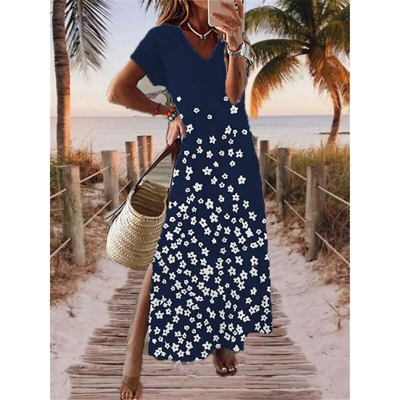 flowersverse Women's Long Dress Maxi Dress Casual Dress Print Dress Floral Fashion Streetwear Outdoor Daily Going out Split Print Short Sleeve V Neck Dress Regular Fit Pink Navy Blue Spring Summer S M L XL XXL