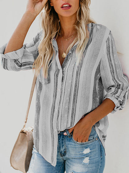 flowersverse Buttoned Pockets Striped High-Low Long Sleeves Lapel Blouses&Shirts Tops