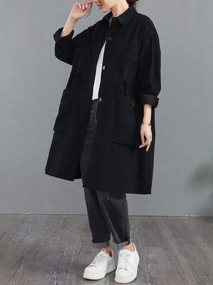 flowersverse Casual Loose Solid Color Buttoned Lapel Collar Long Sleeves Trench Coat