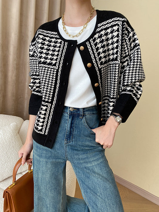 flowersverse Long Sleeves Loose Contrast Color Houndstooth Split-Joint Round-Neck Cardigan Tops