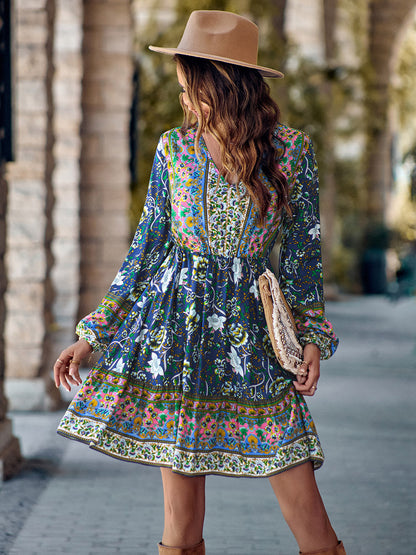 flowersverse Bohemian Chic Floral Print V-Neck Long Sleeve Dress