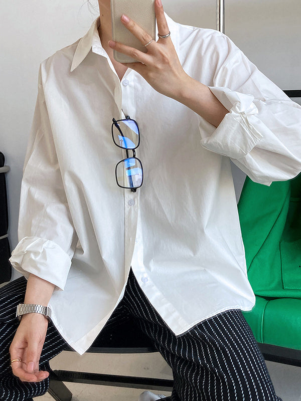 flowersverse Simple Loose Long Sleeves Buttoned Solid Color Lapel Collar Blouses&Shirts Tops