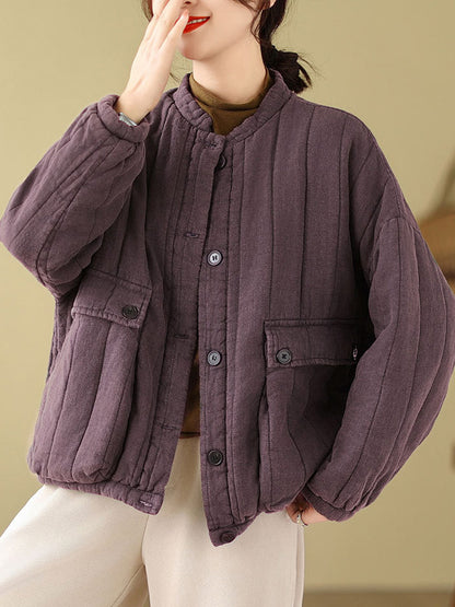 flowersverse Buttoned Pockets Quilted Split-Joint Long Sleeves Loose Round-neck Padded Coat