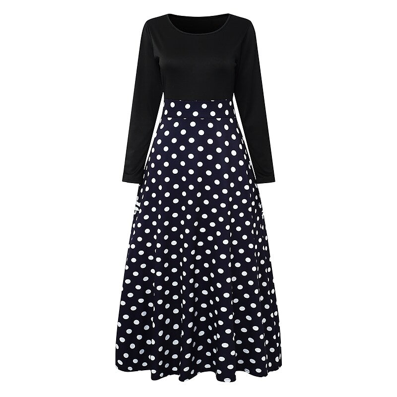 flowersverse Women's Casual Dress Sheath Dress Long Dress Maxi Dress Black And White Color bar Dots Long Sleeve Floral Print Winter Fall Spring Crew Neck Winter Dress Daily Fall Dress Slim S M L XL XXL XXXL 4XL