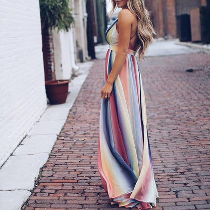 flowersverse Halter long chiffon dress Bohemian rainbow printed women maxi dress Fashion v neck club party dresses vestidos mujer