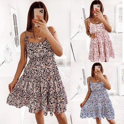 flowersverse Small Floral Digital Printing Mid Waist Fresh Sweet Strap Dress