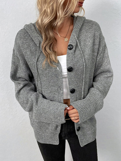 flowersverse Simple Long Sleeves Loose Buttoned Solid Color Hooded Cardigan Coats