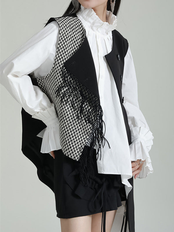 flowersverse Asymmetric Buttoned Houndstooth Ruffle Sleeves Sleeveless Vest Outerwear