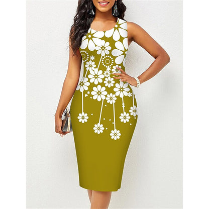 flowersverse Women's Work Dress Sheath Dress Semi Formal Dress Fashion Midi Dress Print Crew Neck Sleeveless Floral Slim Black Yellow Red Spring Summer S M L XL XXL