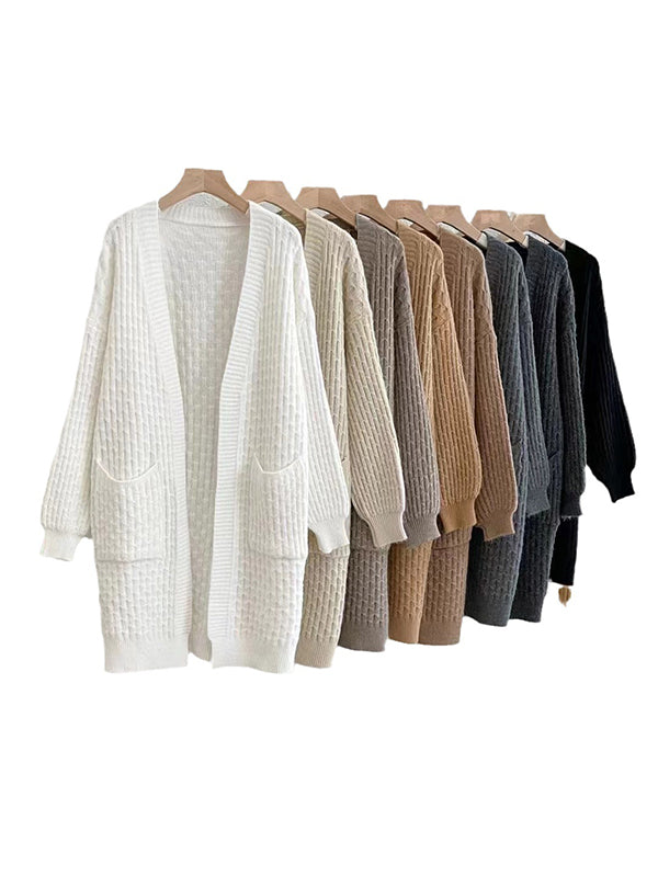 flowersverse Pockets Solid Color Long Sleeves Loose Collarless Cardigan Tops