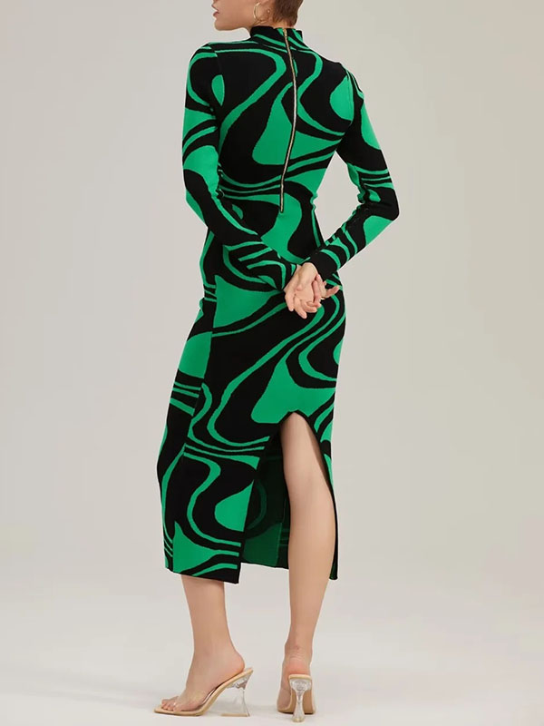 flowersverse Long Sleeves Skinny Contrast Color Printed Split-Back Split-Joint Zipper High Neck Midi Dresses