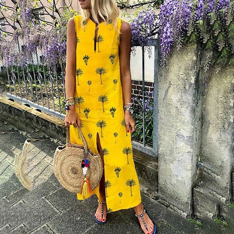 flowersverse Women Boho Long Maxi Dress Fashion Ladies Sleeveless Summer Beach Floral Dress Casual Holiday Dresses Sundress