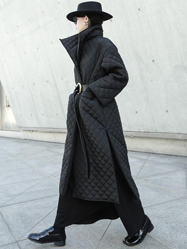 flowersverse Black Rhombic Split-Side High Collar Long Coat