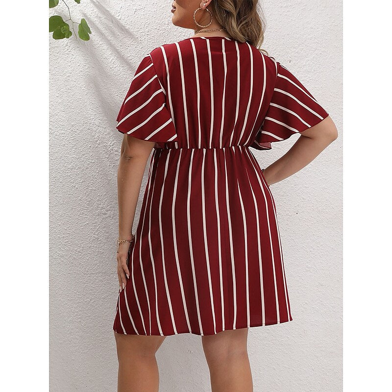 flowersverse Women's Plus Size Casual Dress A Line Dress Stripe Mini Dress Short Sleeve Print V Neck Fashion Outdoor ArmyGreen Black Spring Summer L XL XXL 3XL 4XL