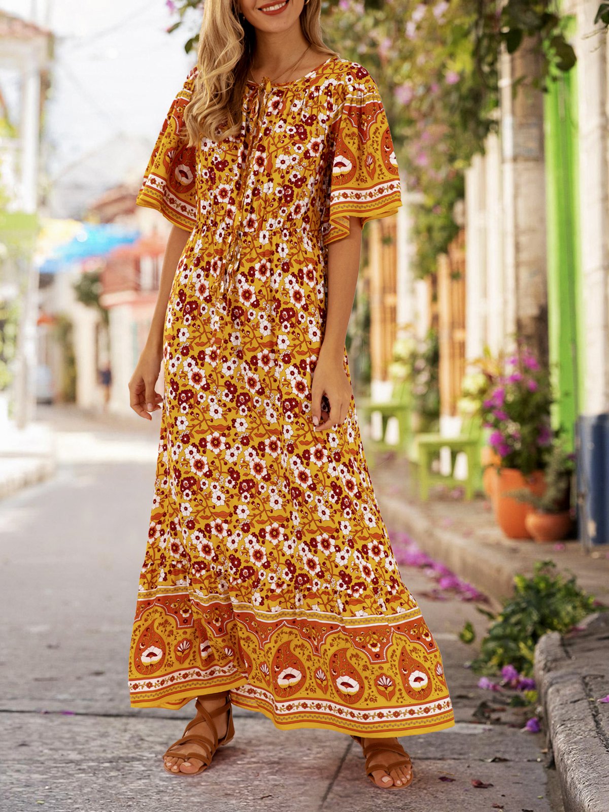 flowersverse Printed Ethnic A-Line Beach Maxi Dress