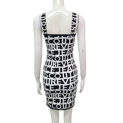 flowersverse Black And White Letter Suspenders Bodycon Short Bandage Dress Fashion Dress