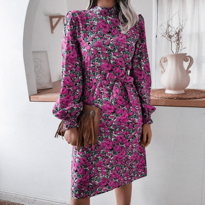 flowersverse Floral Stand Collar Lantern Long Sleeve Chiffon Dress