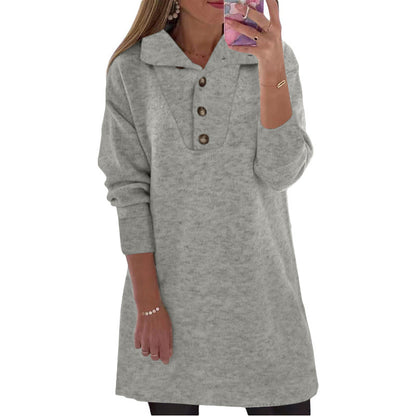 flowersverse New Women's Solid Collar Button Long Sleeve Casual Dress Women