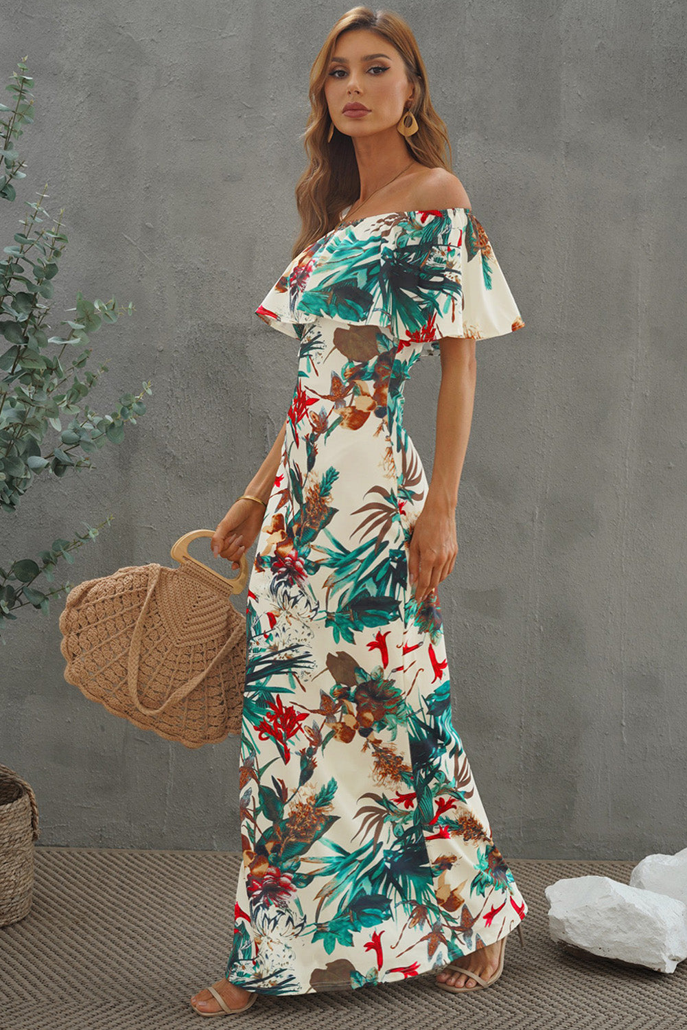 flowersverse Elegant Floral Layered Off-Shoulder Maxi Dress